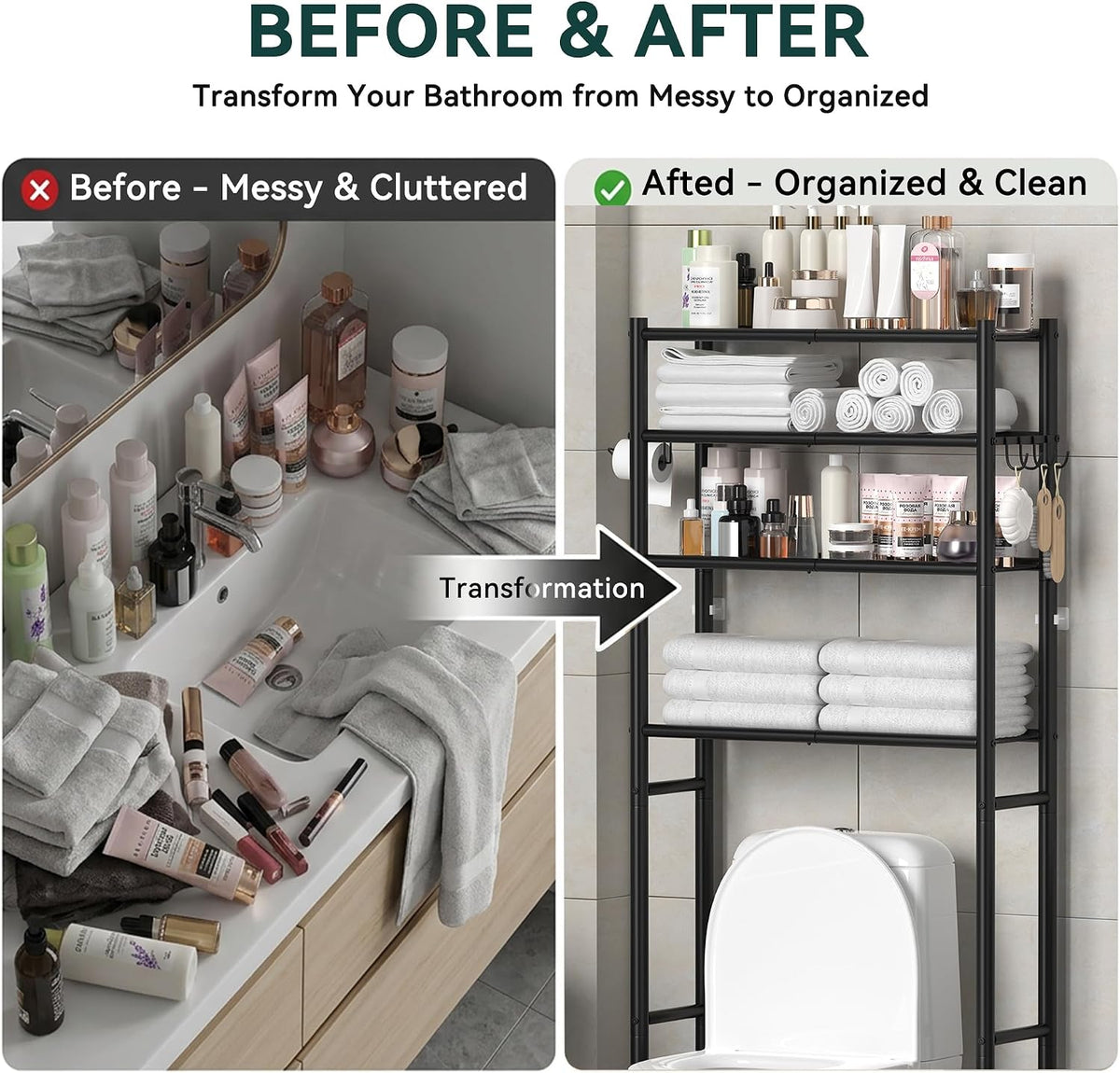 GloTika 4-Tier Over The Toilet Storage Shelves, Black