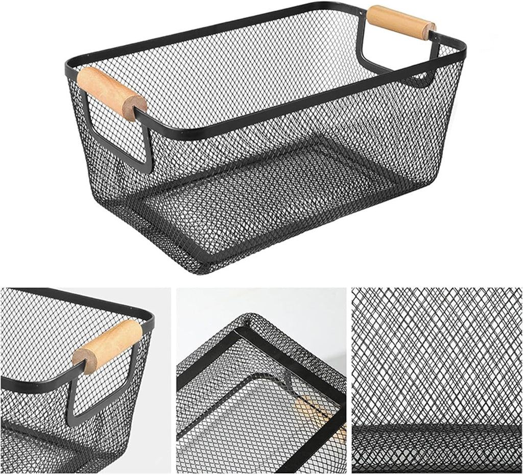 AJIODA Metal Mesh Steel Basket, Large Wire Storage Organizer Basket Multi-function Hanging Kitchen Baskets with Wood Handle for Kitchen Bathroom Picnic Home, Rectangle-Black