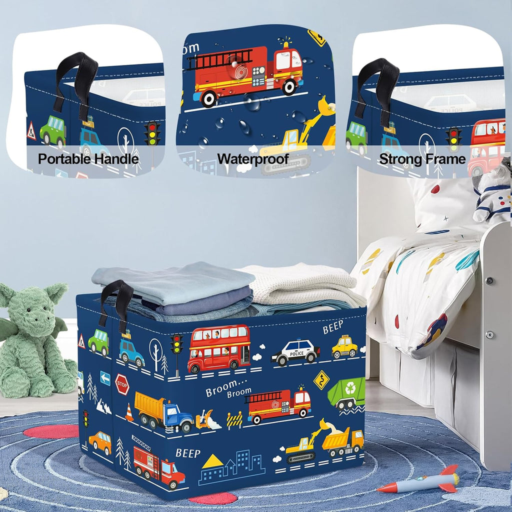 Cars Laundry Hamper Cartoon Vehicle Large Storage Basket Collapsible Parents Organizer Boy Toy Clothes Bins for Bedroom, Bathroom, City Bus, 36L