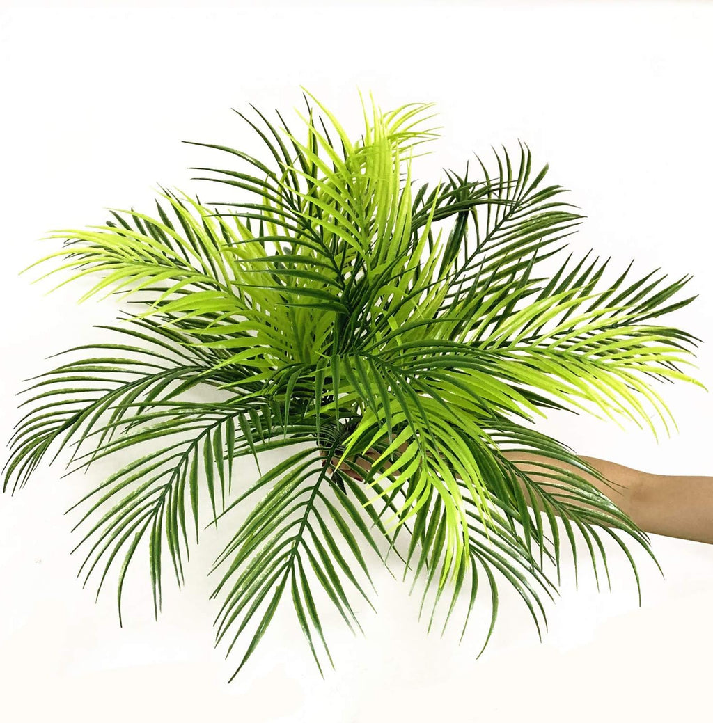 Artificial Plants Fake Palm Tree Plastic Shrubs 4 Pack, Fake Greenery Bushes UV Resistant Shrub Tropical Leaves Stems for Indoor Home Decor Kitchen Room Outdoor Garden Wedding Christmas DIY Decoration