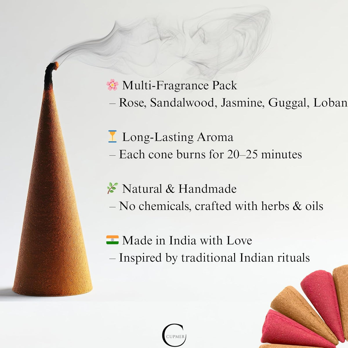 Natural Incense Cones – 50 Handmade Dhoop Cones | 5 Fragrances: Rose, Sandalwood, Jasmine, Guggal, Frankincense | Long-Lasting 20 Min Burn | Meditation, Yoga, Gifting