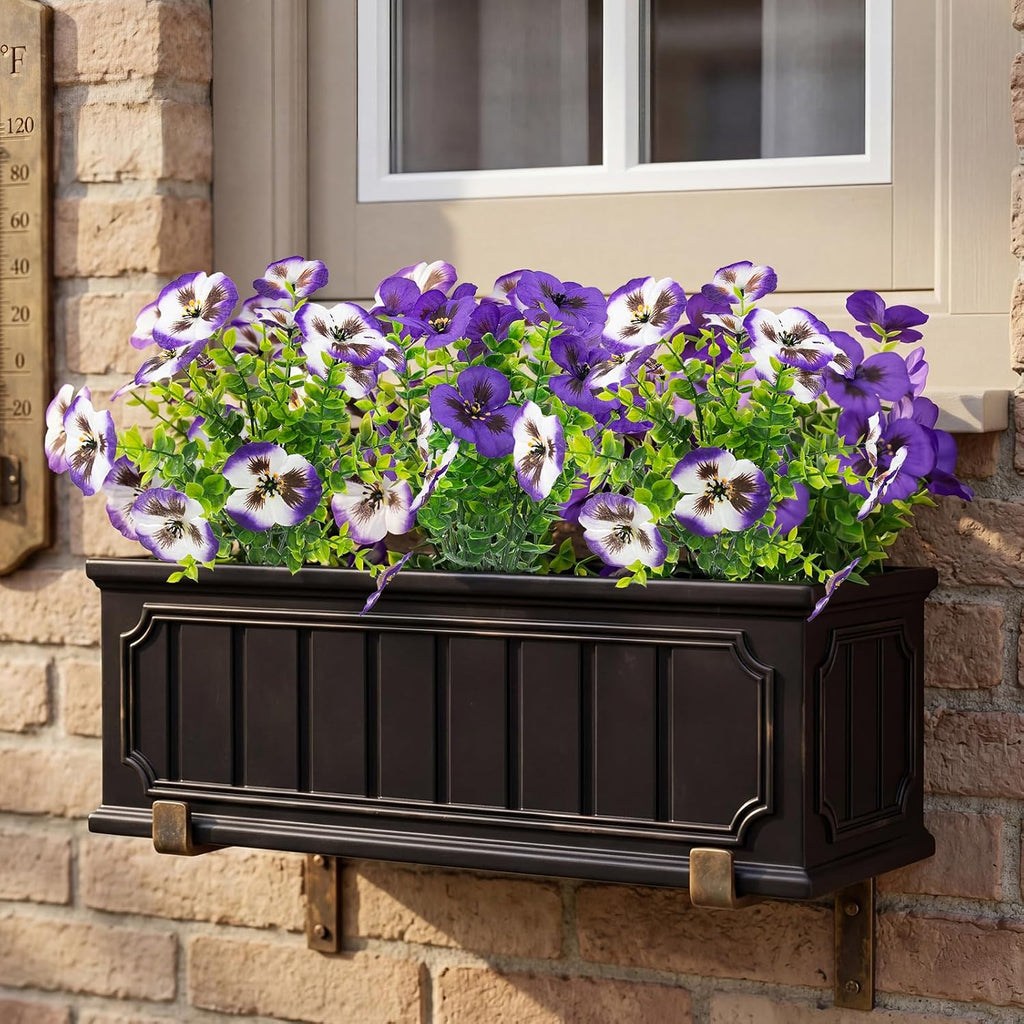 Rowfad 18 Pcs Artificial Fake Pansy Flowers for Outdoor, Faux UV Resistant Silk Pansies Flowers for Outside Planter Front Door Porch Yard Patio Window Box Home Decor (18, Lavender)