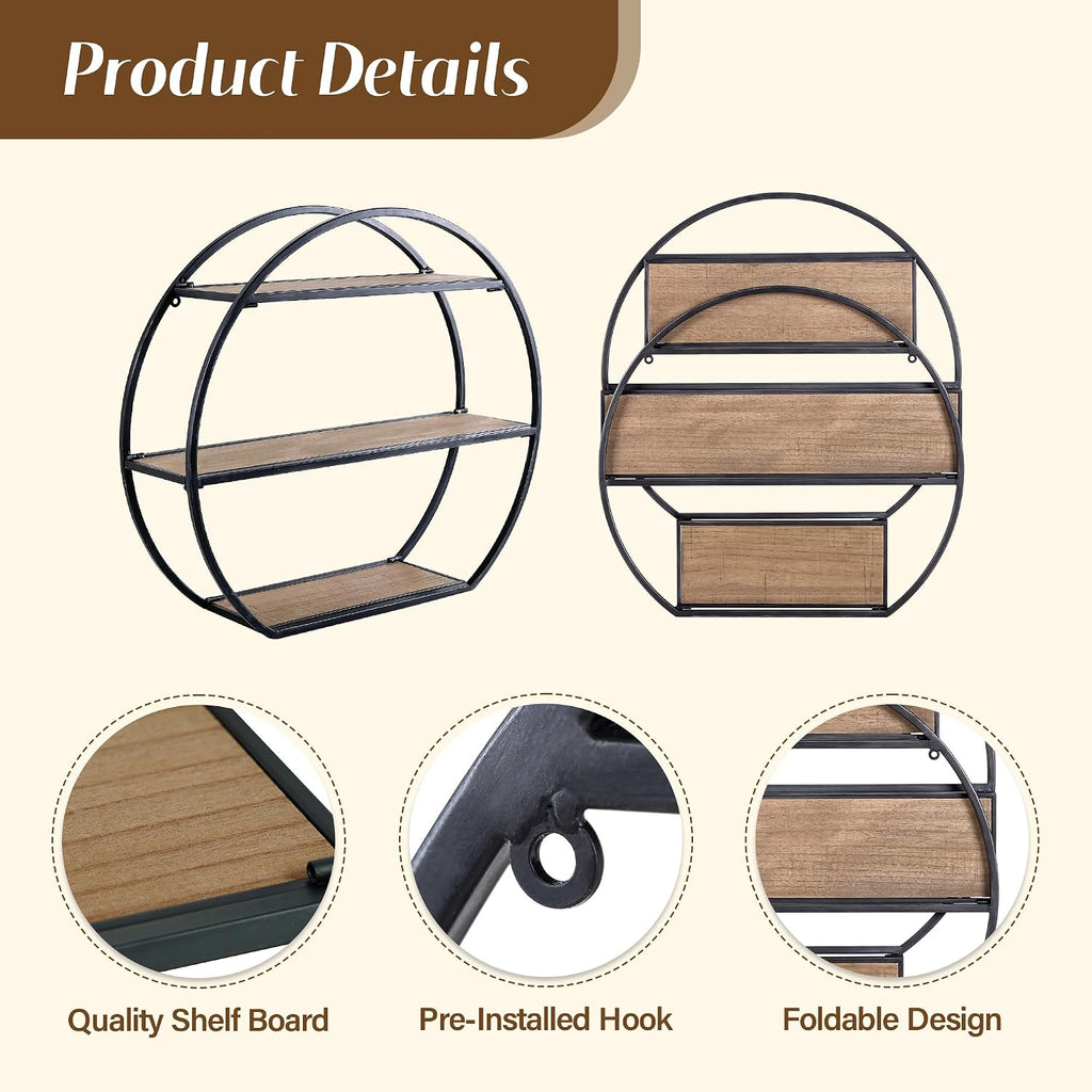 3 Tier Industrial Style Foldable Semi-Circle Shaped Wall Shelves