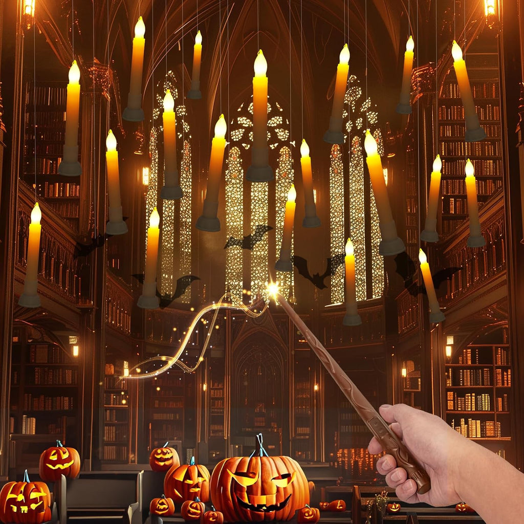 Amagic Batteries Included Floating Candles with Wand Remote, 12pcs Flickering Warm Light Flameless Taper Candles, Magic Hanging Candles with Base for Birthday Party, Halloween Decorations