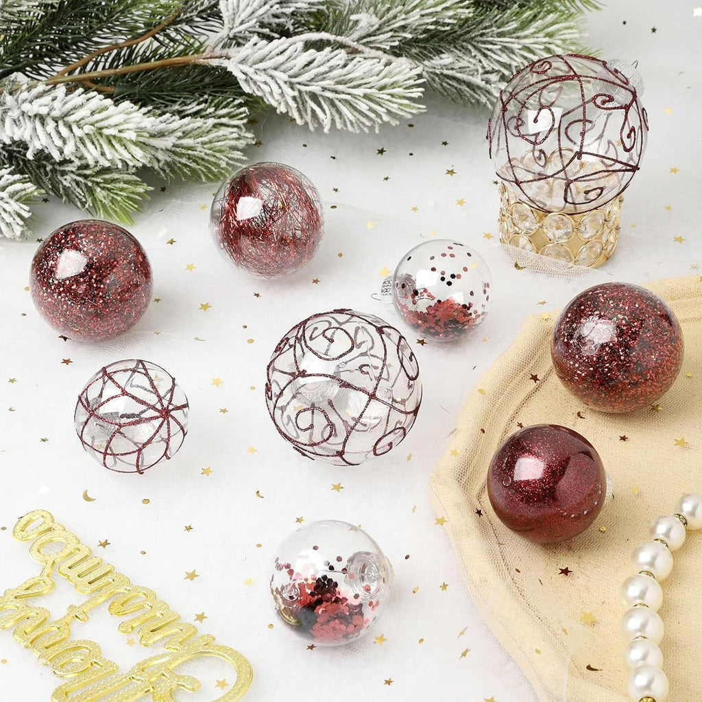 Wironlst Christmas Ball Ornaments Shatterproof Clear Large Plastic Hanging Ball Decorative Baubles Set with Stuffed Delicate Decorations (Multi-Siz, Burgundy)