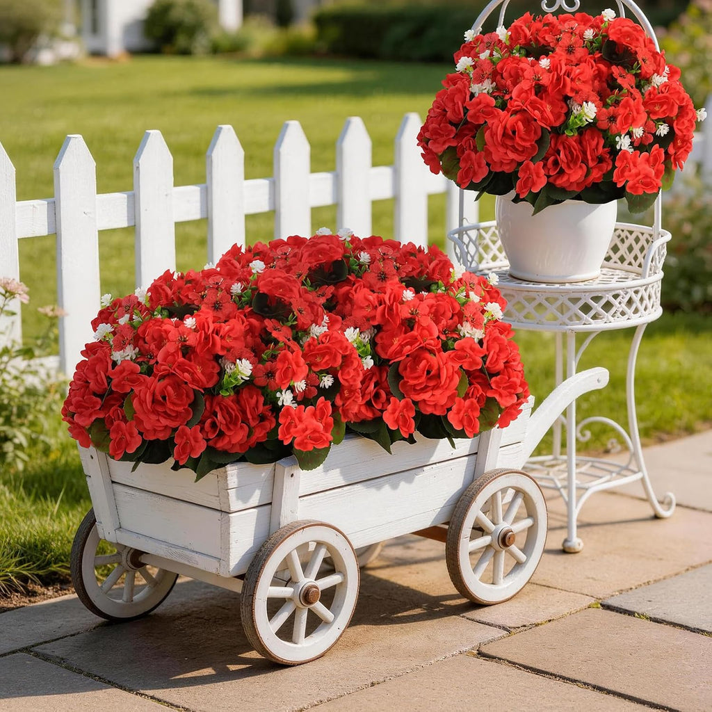 Olatay 12 Bundles Mixed Color Artificial Flowers for Outdoor, Artificial Geraniums Flowers for Outdoor, UV-Resistant Fake Geraniums for Porch, Balcony, Garden, Indoor Decoration (Red)