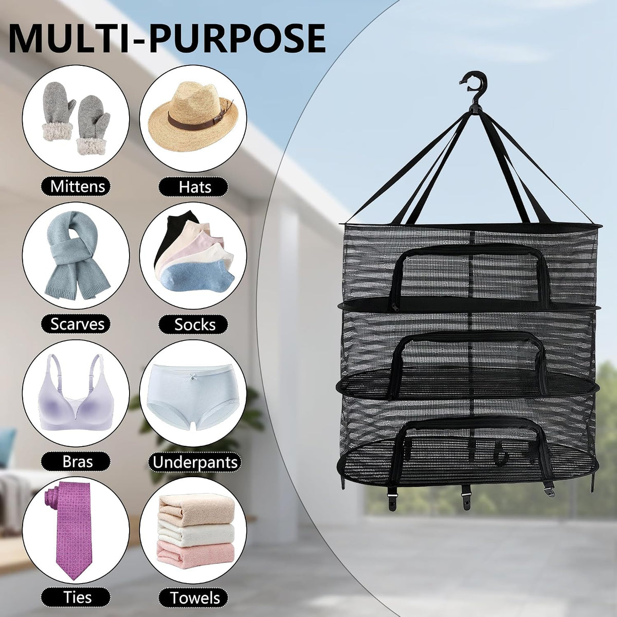 Herb Drying Rack 3-Tier Hanging mesh Dry Rack Foldable with 8 Clips