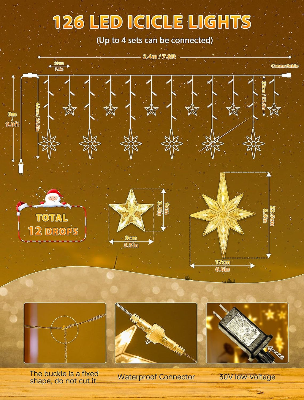 126 LED Star Icicle Lights,7.8ft Window Curtain Lights Plug in