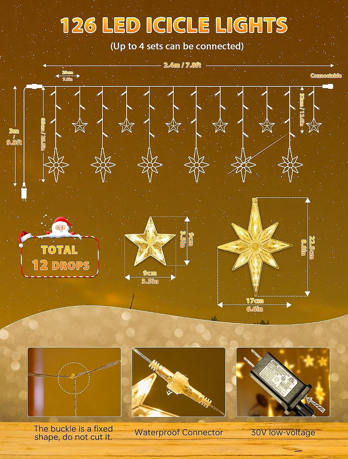 126 LED Star Icicle Lights,7.8ft Window Curtain Lights Plug in