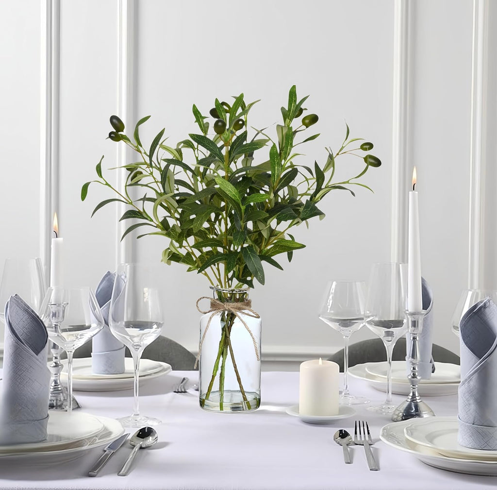 Artificial Plants Olive Branch in Glass Vase, 14.5” Fake Plant Greenery Stems with Olive Branches Faux Eucalyptus Stems for Home Office Farmhouse Wedding Table Centerpiece Décor