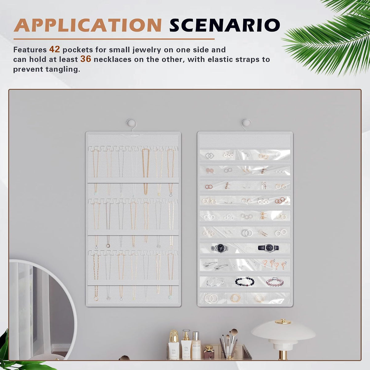 Hanging Jewelry Organizer, Double-Sided Necklaces Holder, White