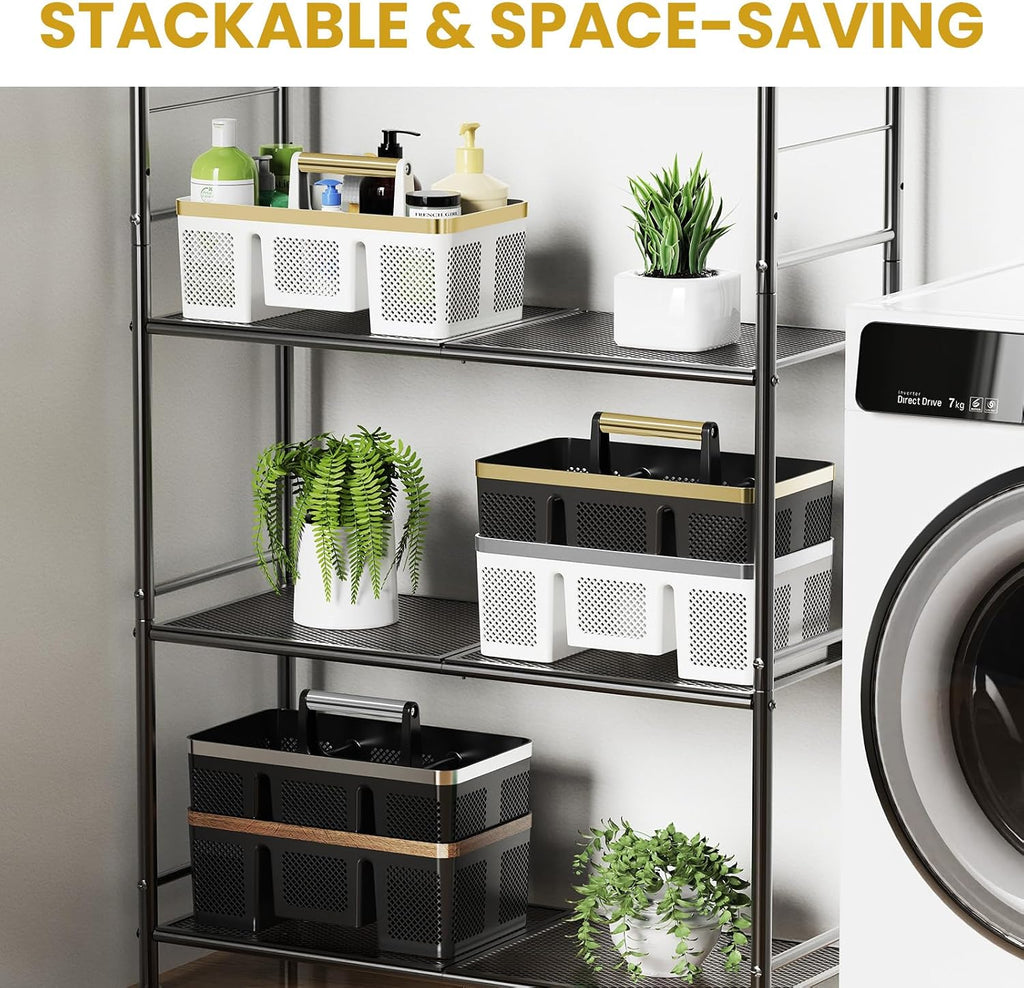 BYUNER Portable Cleaning Caddy & Shower Basket: Hard Plastic Caddy Organizer with Handle, 4 Divided Compartments, All-Side Drainage for Bathroom, Dorm & Utility, College Dorm Room Essentials