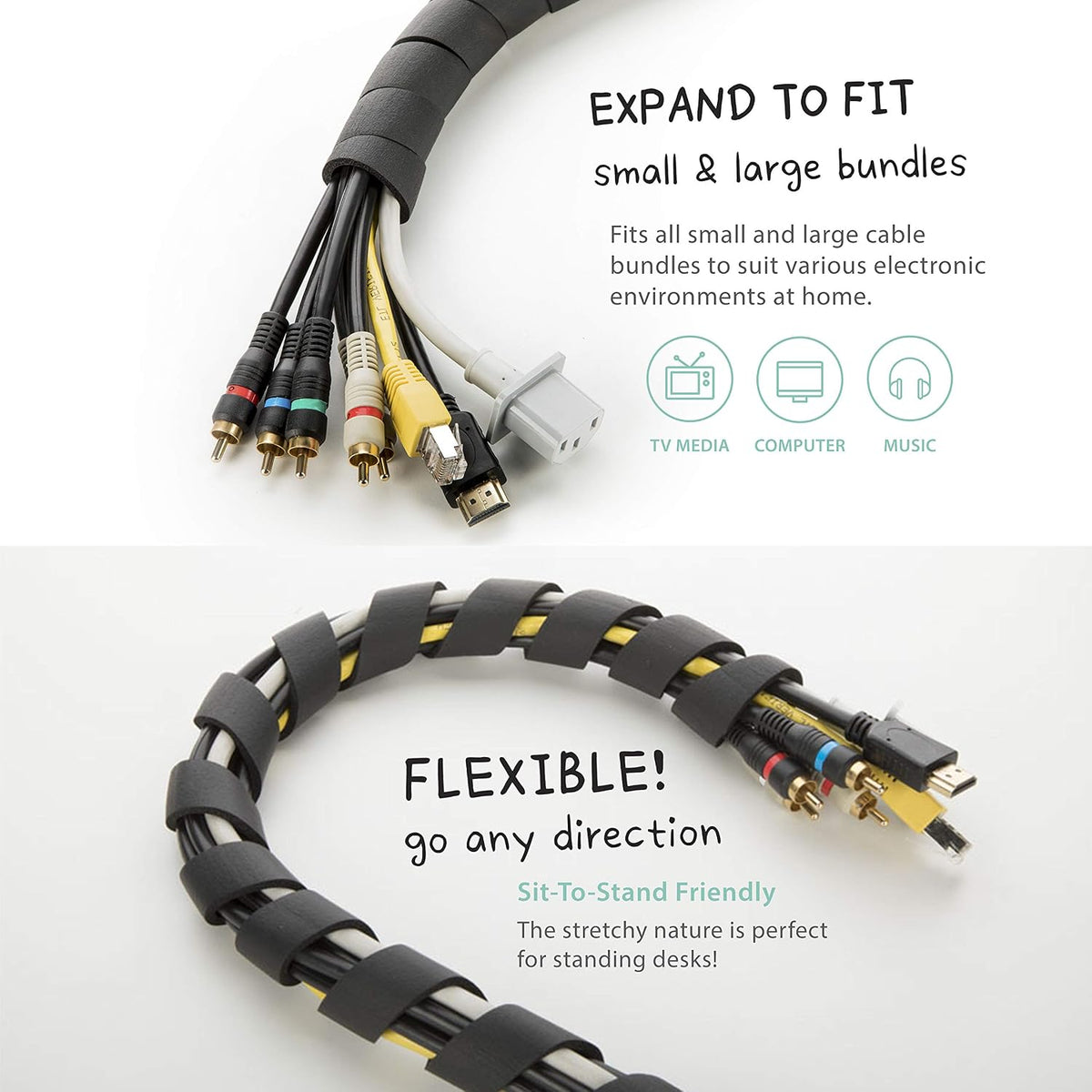 Cable Slinky Flexible Spiral Cable Wrap for Sit‑Stand Desks – Super Soft Stretchable Foam Wire Organizer, VOC‑Free, Lead‑Free, Easy Breakout Design, 10 FT (5×2 FT Strips) – Black