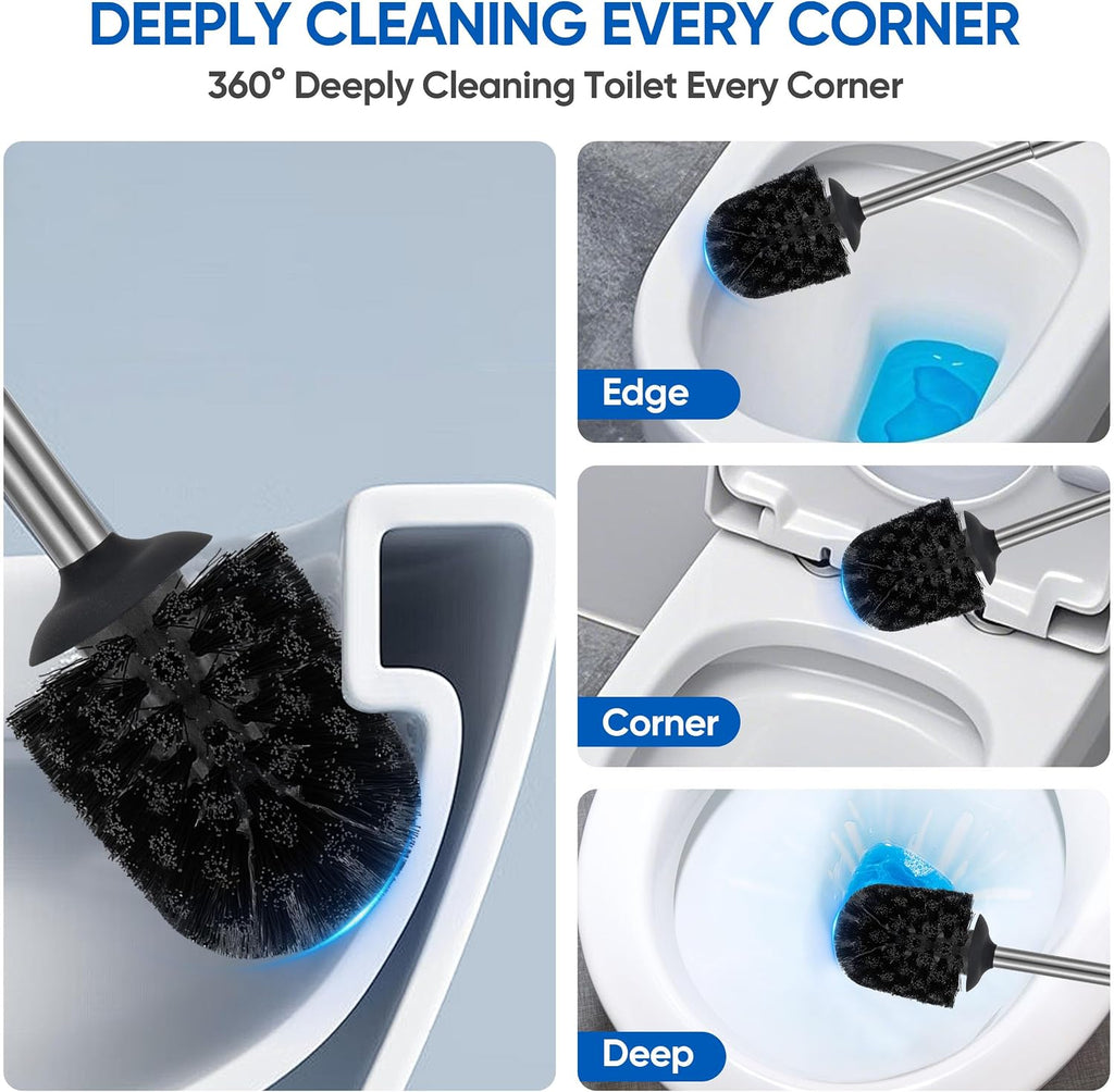2Packs SUS304 Stainless Steel Toilet Brush and Holder Stain Nickle 12In Handle Bristles Toilet Bowl Brush Bathroom Brushes Cleaning Brush with Case Anti-Rust Brushed Silver