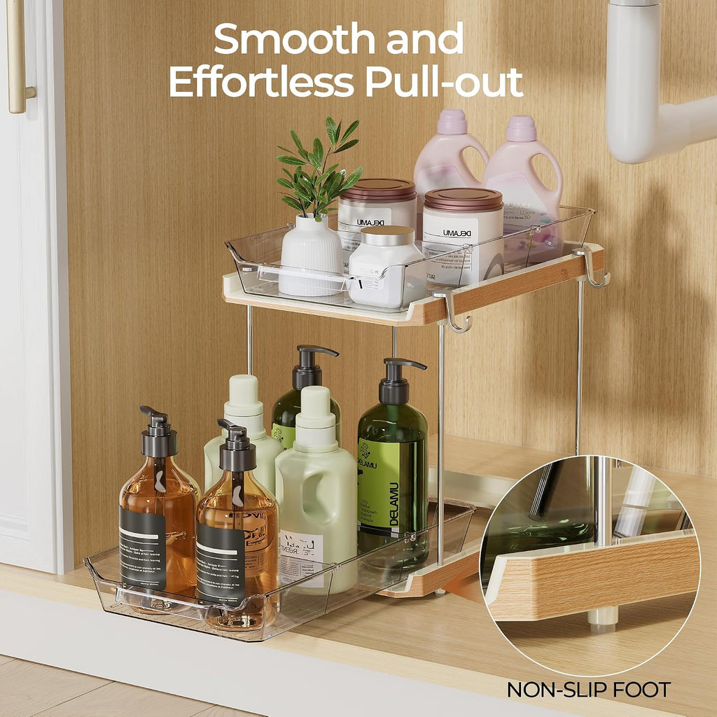 Delamu 2 Tier Under Sink Organizer Bathroom, Bathroom Cabinet Organizer with Snap-Lock Design and Hooks, Pull Out Storage with Movable Dividers, for Countertop, Kitchen and Pantry (White, 4 Pack)