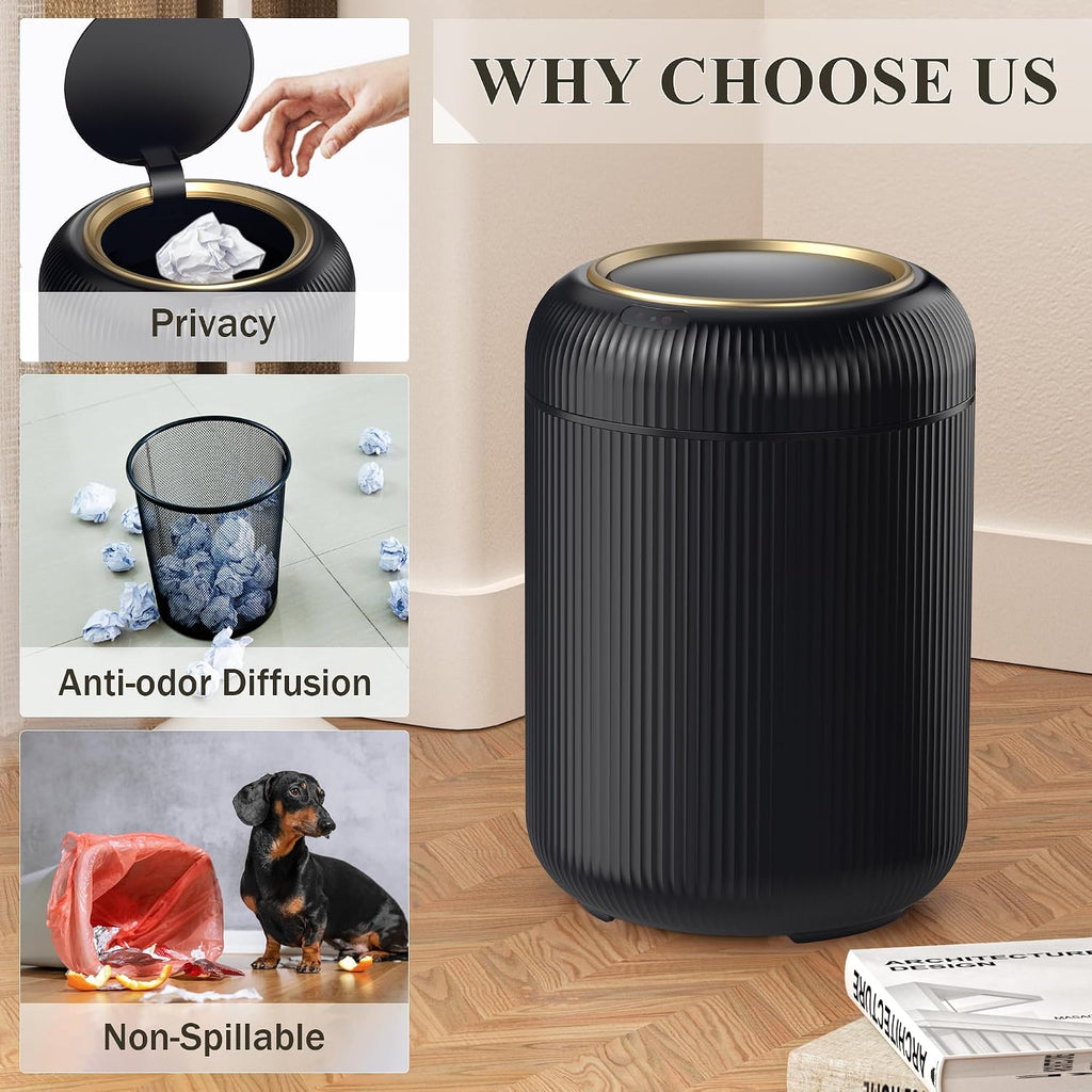 Motion Sensor Bathroom Trash Can with Lid,Black and Gold Garbage Can