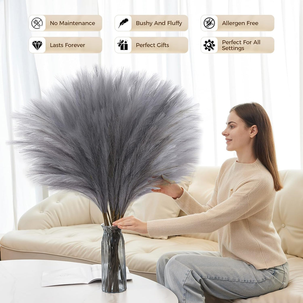 10 Pcs 39''/3.2FT Faux Pampas Grass Decor, Large Tall Fluffy Artificial Fake Flower, Bedroom Decor Boho Decor Pompas Floral for Vase Filler Farmhouse Home Wedding Decor (Grey)