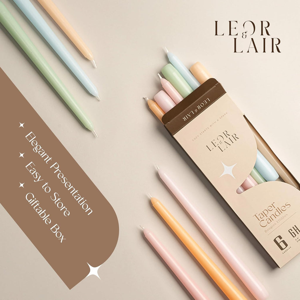 Leor & Lair Pastel Taper Candles, 6 Pack, 10" Tall Candlesticks, Unscented