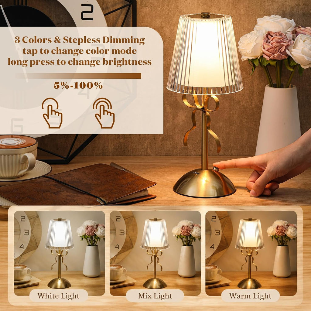 Liliful 2 Pcs Cordless Table Lamp LED Touch, Gold, Hollow Lined Style Bow