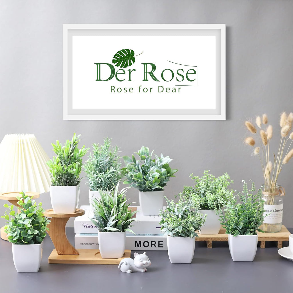 Der Rose 8 Pack Small Fake Plants in White Pots, Office Home Decor Indoor