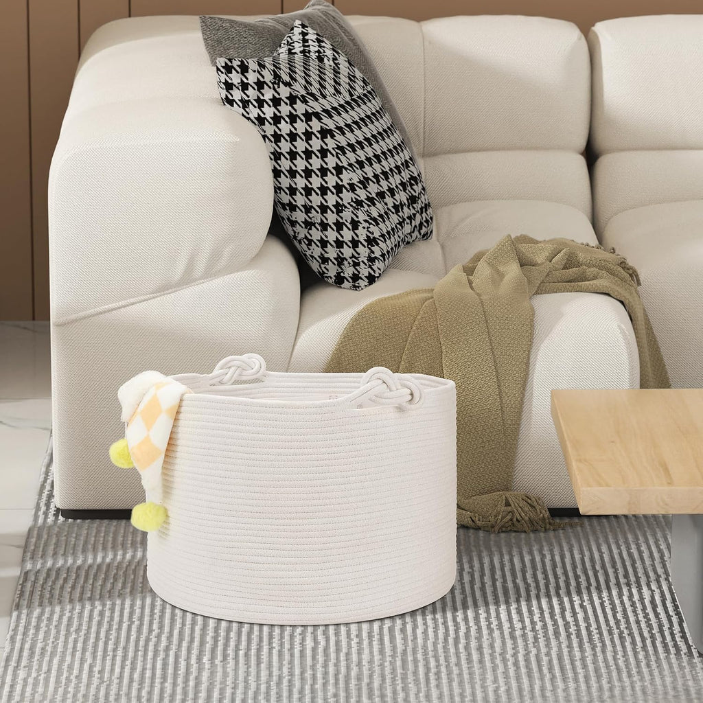 Large Blanket Basket (20"x13"),Woven Basket for Storage Dirty Clothes for Laundry, Living Room, Nursery, Bedroom Rope Storage Basket for Blankets（White）