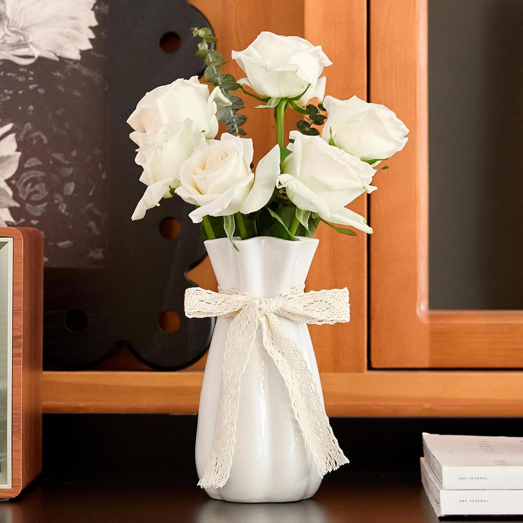 White Ceramic Flower Vase, 8 in Modern Decorative Vases for Home Decor