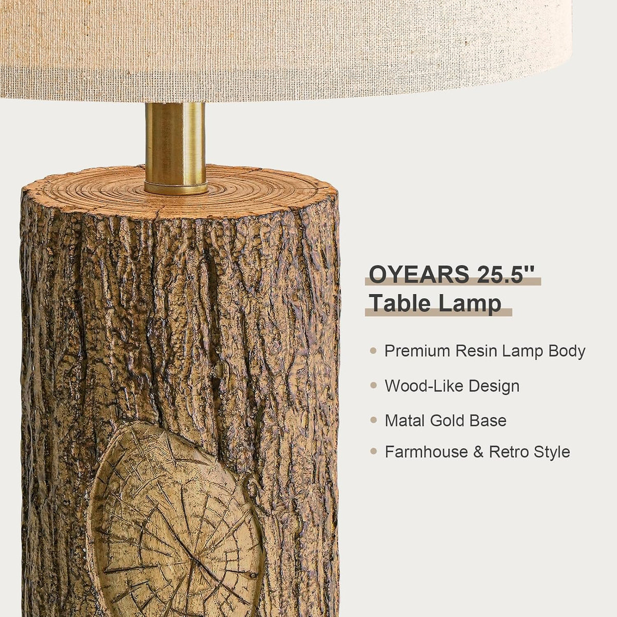OYEARS 25.5'' Rustic Farmhouse Table Lamps, Faux Wood Tree Bark Lamps with Gold Base, Bedside Lamps Set of 2 with A+C Charging Ports, Retro Nightstand Lamps for Living Room Bedroom Hallway Decor Brown