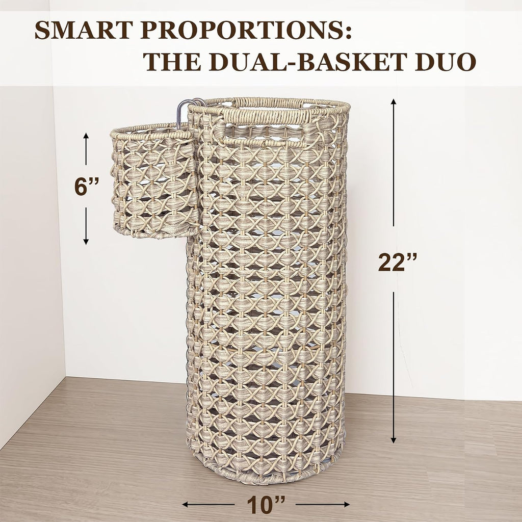 Wicker Umbrella Stand for Entryway, Handwoven PE Rattan with Side Basket