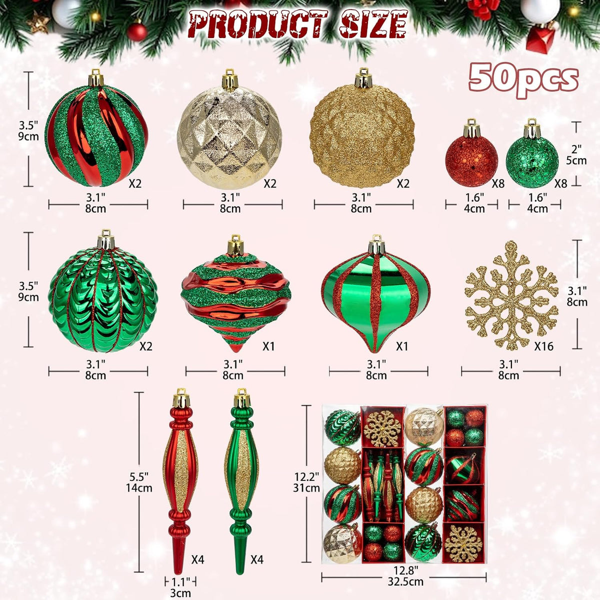 Hollyone Christmas Balls Ornaments Set, 50pcs Glitter Red Green and Gold Shatterproof Christmas Ball Snowflakes Tree Ornaments Hanging Ball Decoration for Xmas Tree Wreath Garland Wedding Home Decor