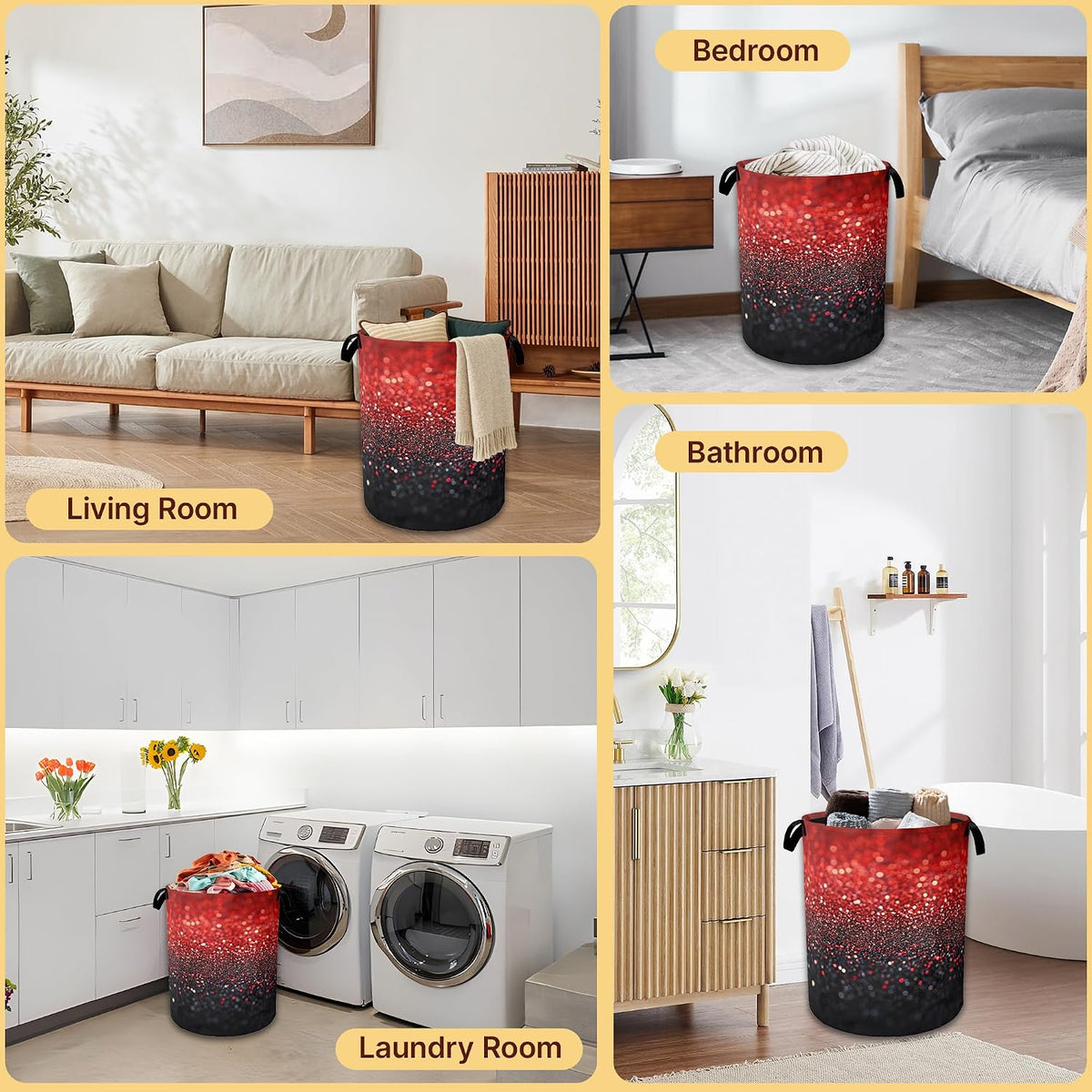 Collapsible Laundry Basket,Red Black Waterproof Oxford Cloth Hamper with Handles,Glitter Sparkling 16 x 20.8 Inch Portable Storage Organizer for Laundry Room Bedroom