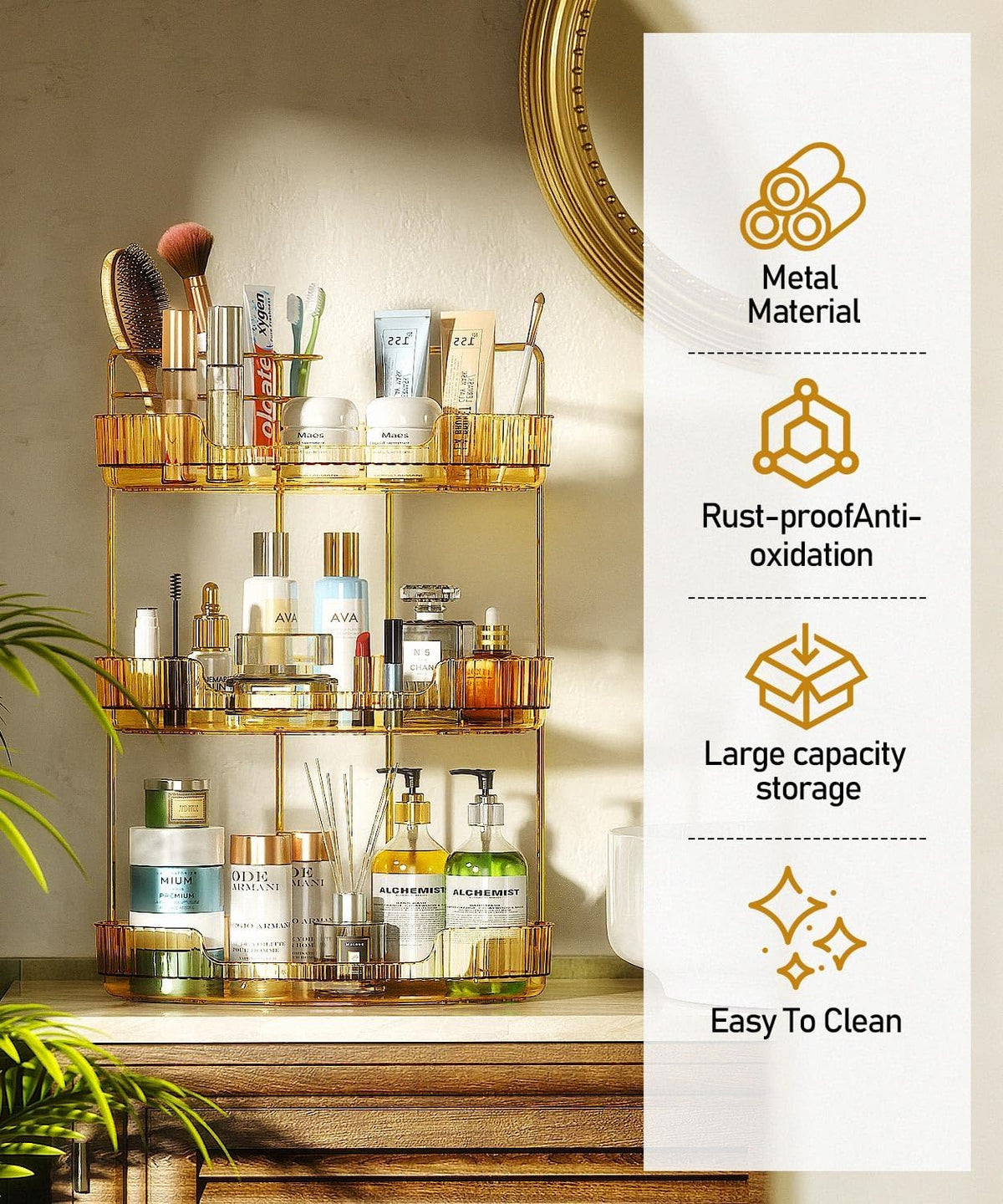 EUHOME 3-Tier Corner Bathroom Counter Organizer Makeup Cosmetic Storage, Tool-Free Installation Acrylic Vanity Shelf, Countertop Storage Organizers Perfume Tray for Bathroom, Dresser, Kitchen (Gold)