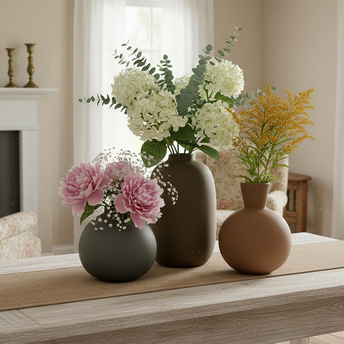 Multicolor Ceramic Vase Set of 3, Nordic Minimalist Vases Home Decor, Modern Aesthetic Farmhouse Decorative for Bouquet Pampas Grass Dried Fresh Flowers, Living Room, Entryway Mantel, Bedroom, Kitchen