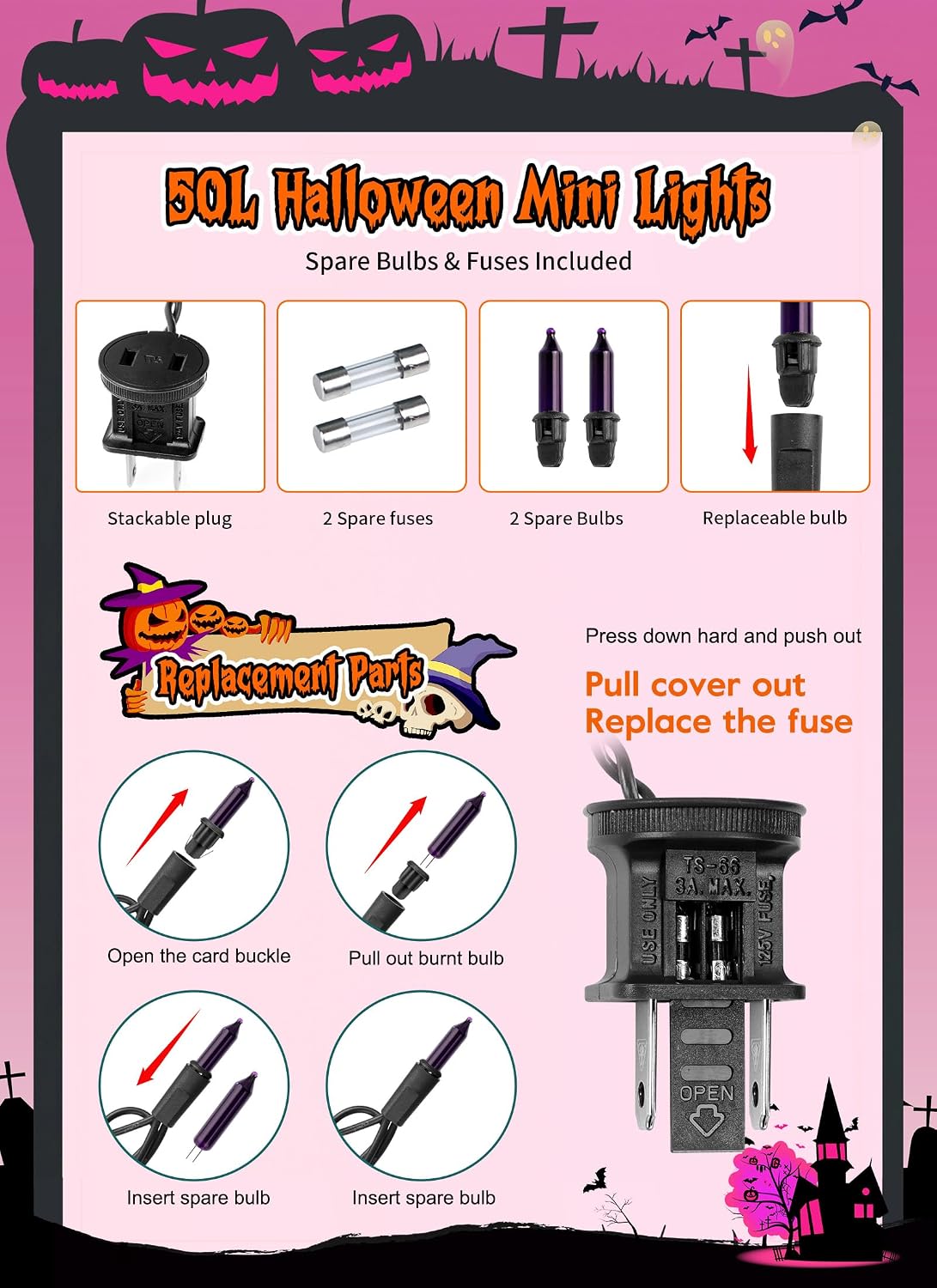 2 Pack Purple Halloween Mini Lights, 10 Feet 50 Count Mini String Lights