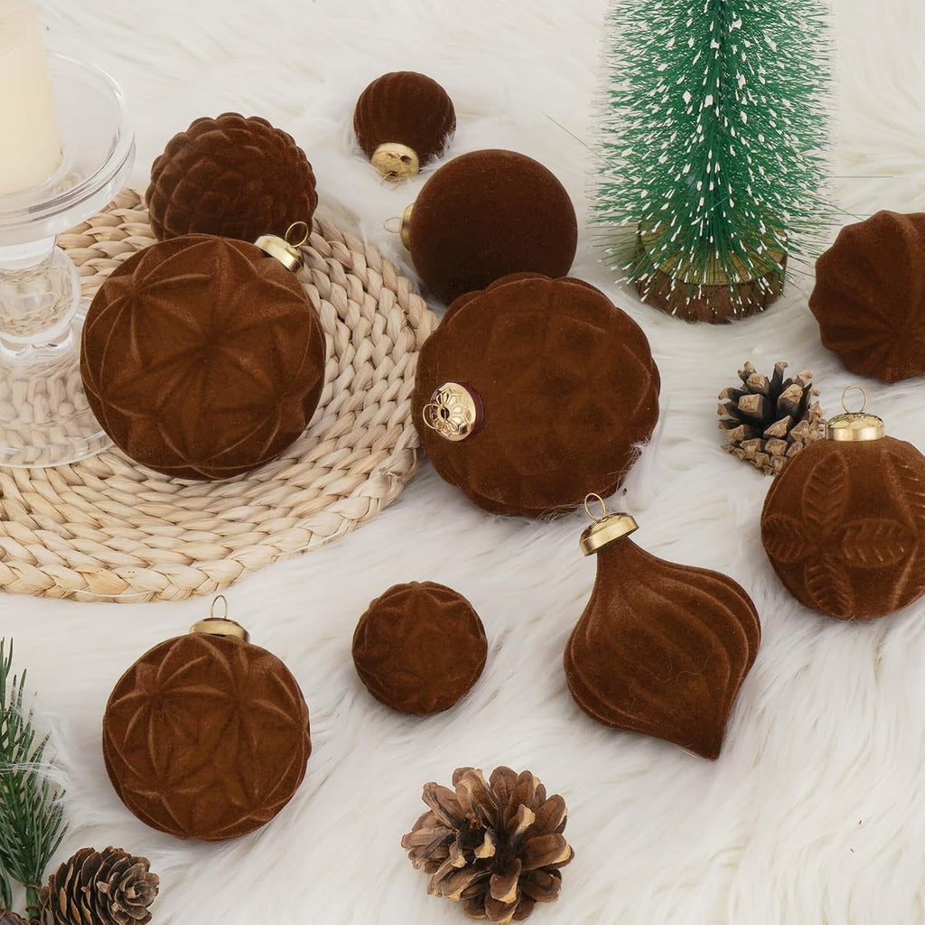 46PCS Velvet Christmas Ball Ornaments Set, Flocked Shatterproof Xmas Tree Decor, Assorted Hanging Ornaments with Loop for Holiday Home Decor, Christmas Tree Decoration (Brown)