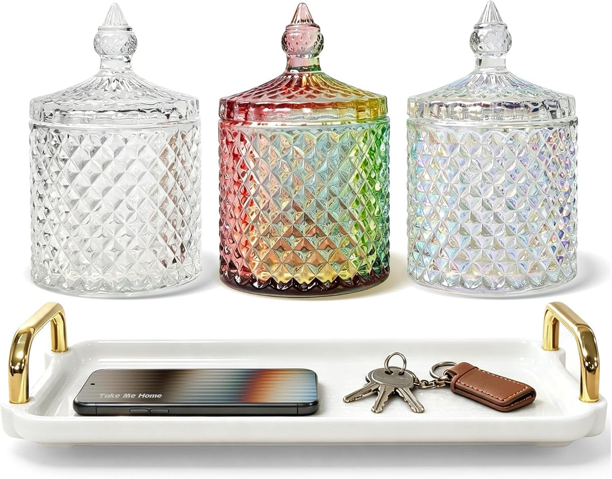 3 Pack Q-tip Holder Thick Glass Apothecary Jars with Lids & Tray For Bathroom Decor Suitable for Cotton Swabs, Balls, Pads, Floss Picks, Candy, Jewelry and Desk Decoration