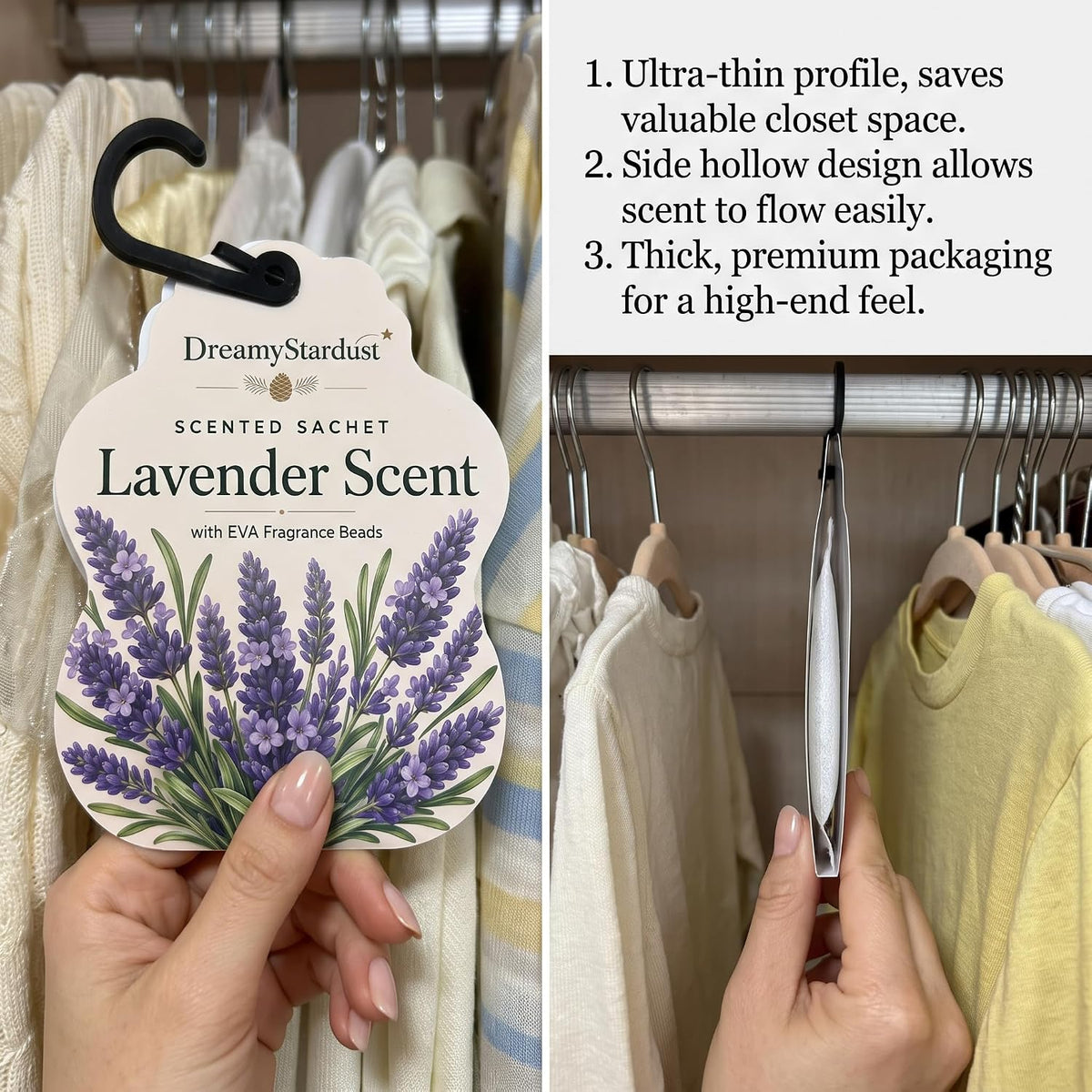 Lavender Scented Sachets for Drawers & Closets, 6 Pack Hanging Fragrance Sachets with EVA Beads for Wardrobe, Car, Shoe Cabinet and Bathroom, 0.35 oz Each