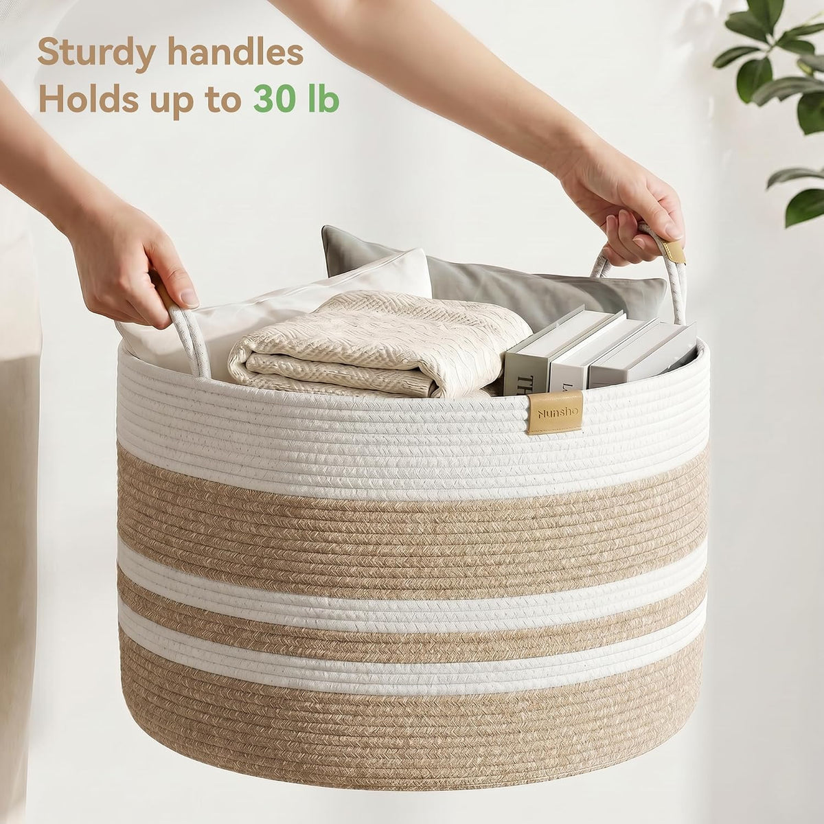 Nunsino 72L Blanket Basket with Leather Handles,Laundry Basket,Brown White