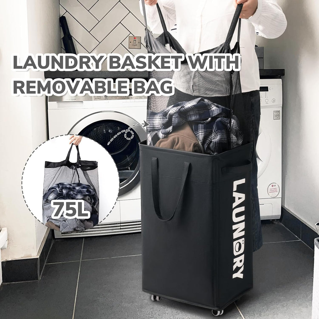 CHICVITA 75L Laundry Basket with Wheels 2-Pack, Wash Bags, Black