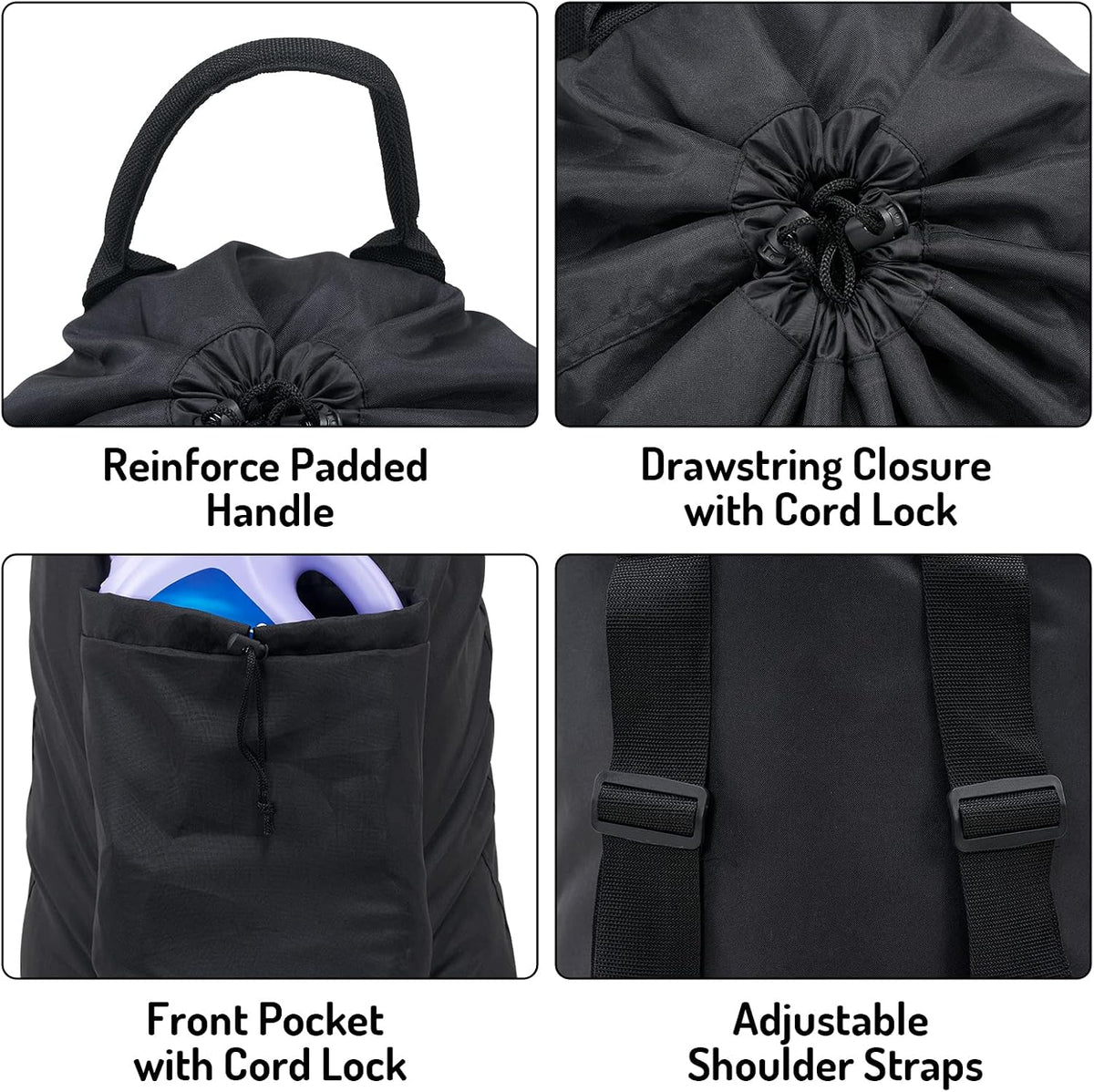 Seiritex Laundry Backpack Bag, Dirty Clothes Travel Laundry Bag with Shoulder Straps for College Dorm (Black)