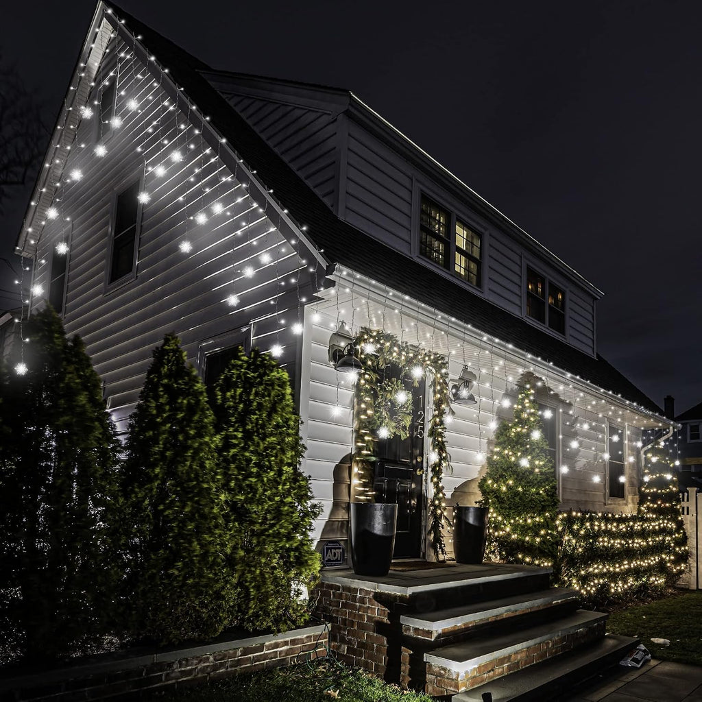 weillsnow White Icicle Lights Outdoor, 29.5 FT 360 LED Snowflake Icicle Lights with 72 Drops,Connectable Waterproof Hanging Christmas String Light for Indoor Outdoor Eaves Window Porch Decoration