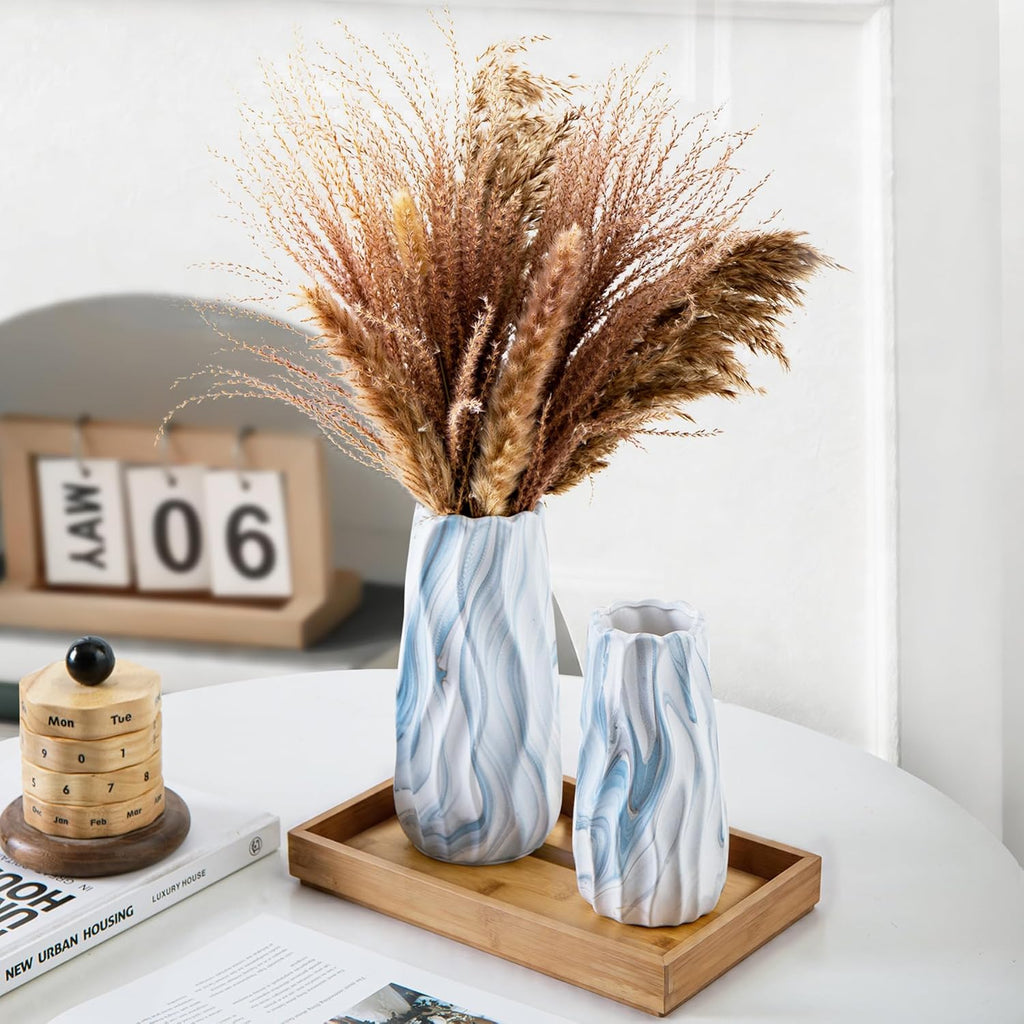 Ceramic Vase Set of 2, Blue and White Wave Vases Coastal Decor