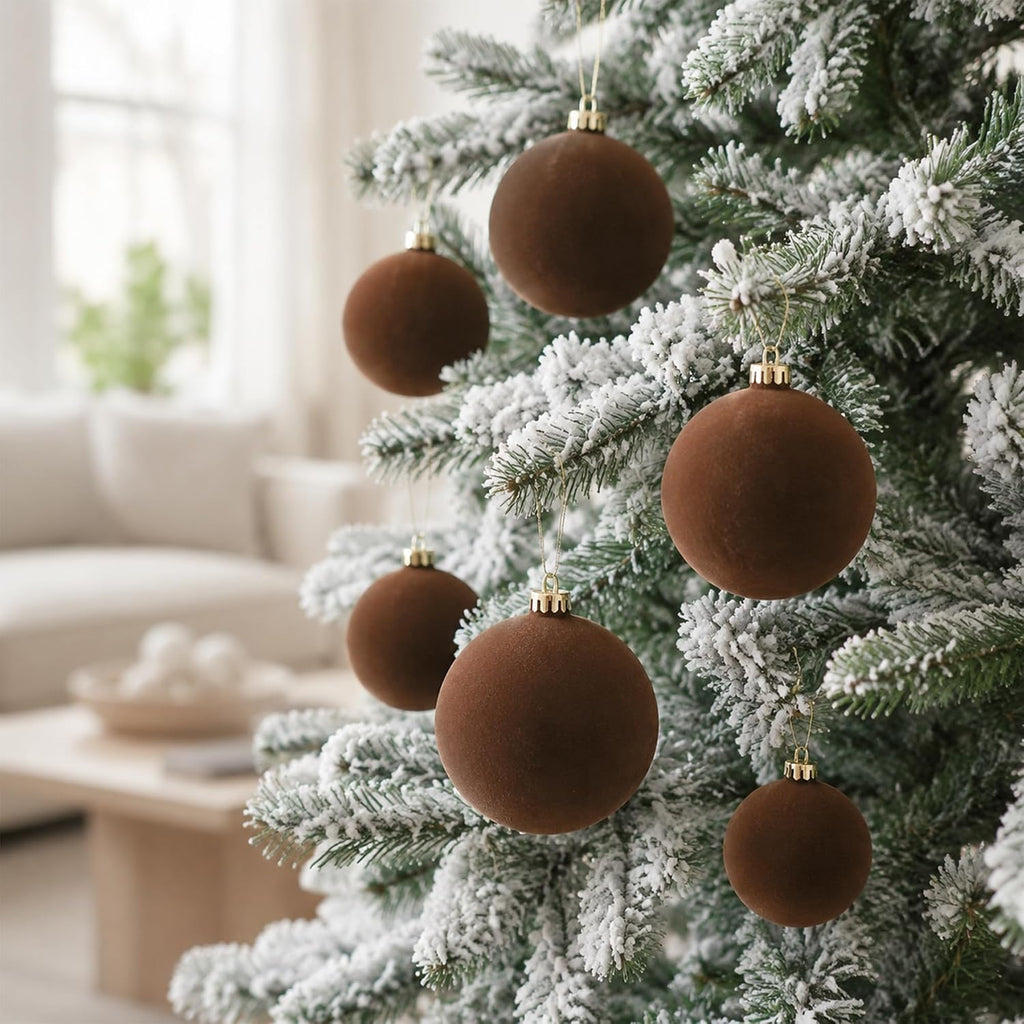 18PCS Brown Velvet Christmas Ornaments Set,3.15IN Flocked Ornaments Balls