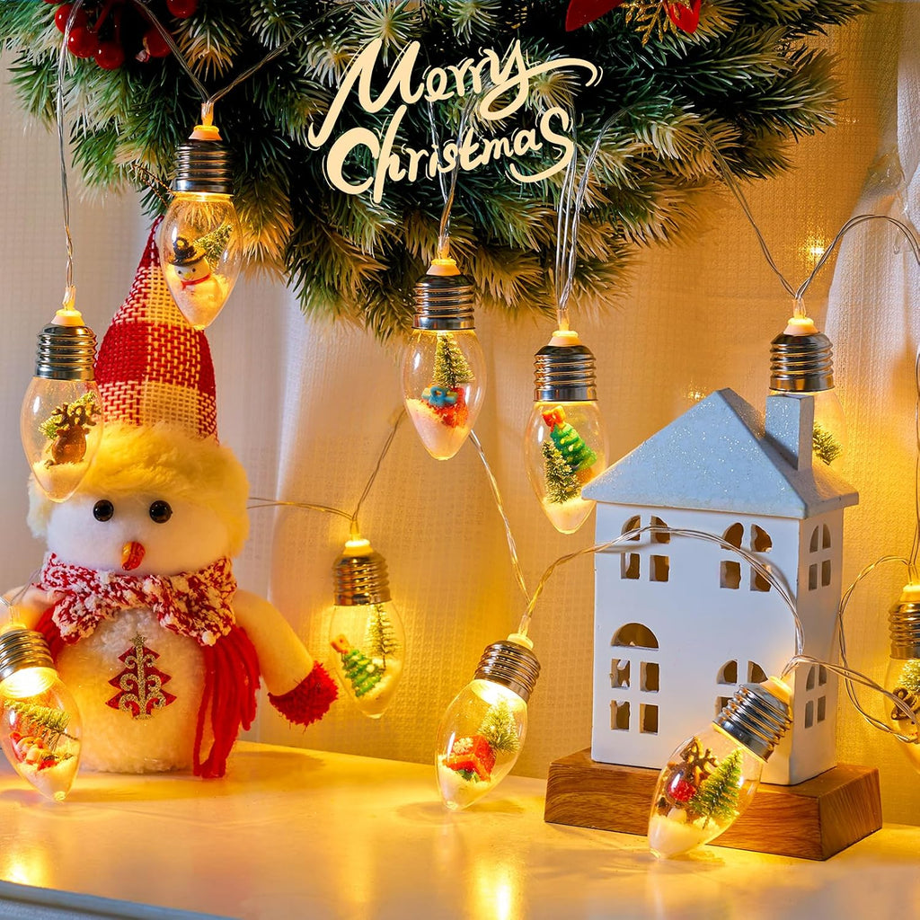 Vintage-Christmas-Lights-Indoor-String-Lights, 7.5Ft C9 Christmas Snow Globe String Lights with Tree & Snow & Cute Ornaments, Battery Operated Lights for Tree Garland Fireplace Xmas Decor