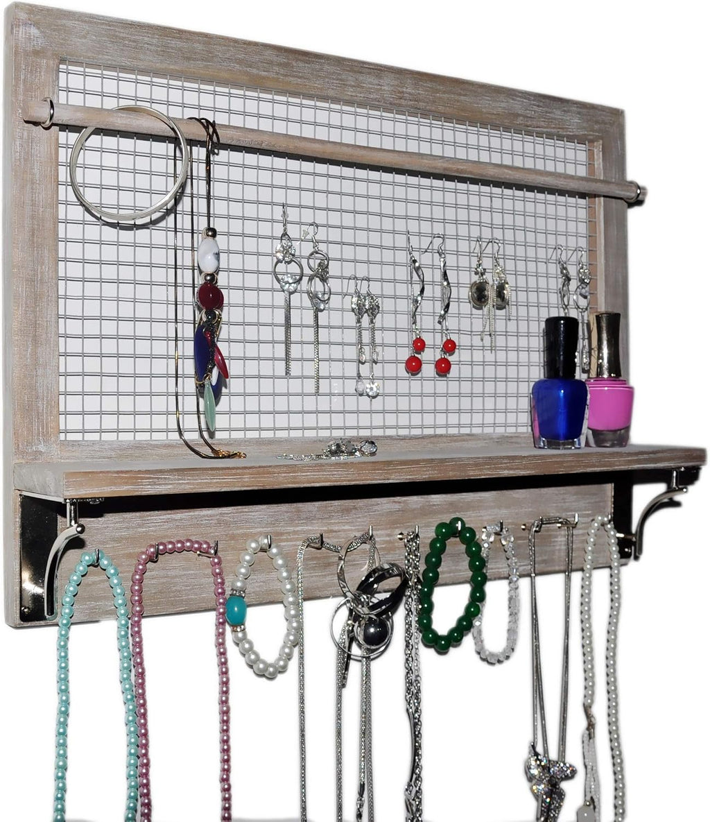 Wall Jewelry Organizer - Grey Wood Hanging Storage Rack with Hooks
