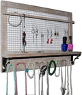 Wall Jewelry Organizer - Grey Wood Hanging Storage Rack with Hooks