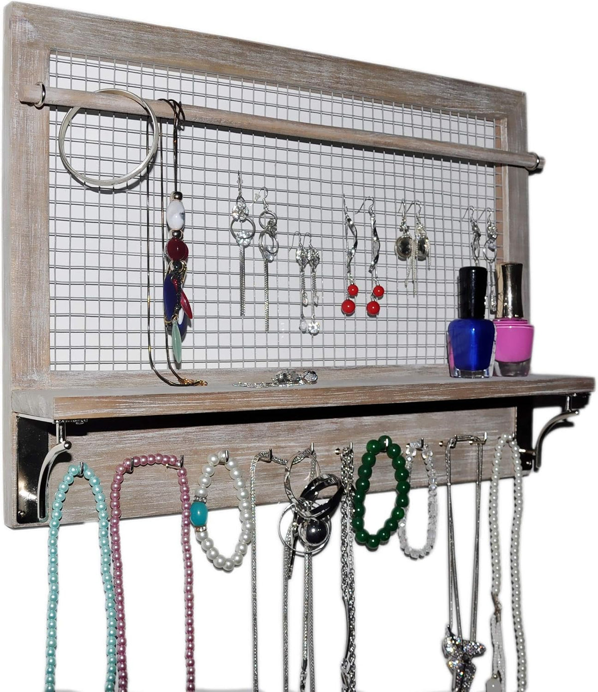 Wall Jewelry Organizer - Grey Wood Hanging Storage Rack with Hooks