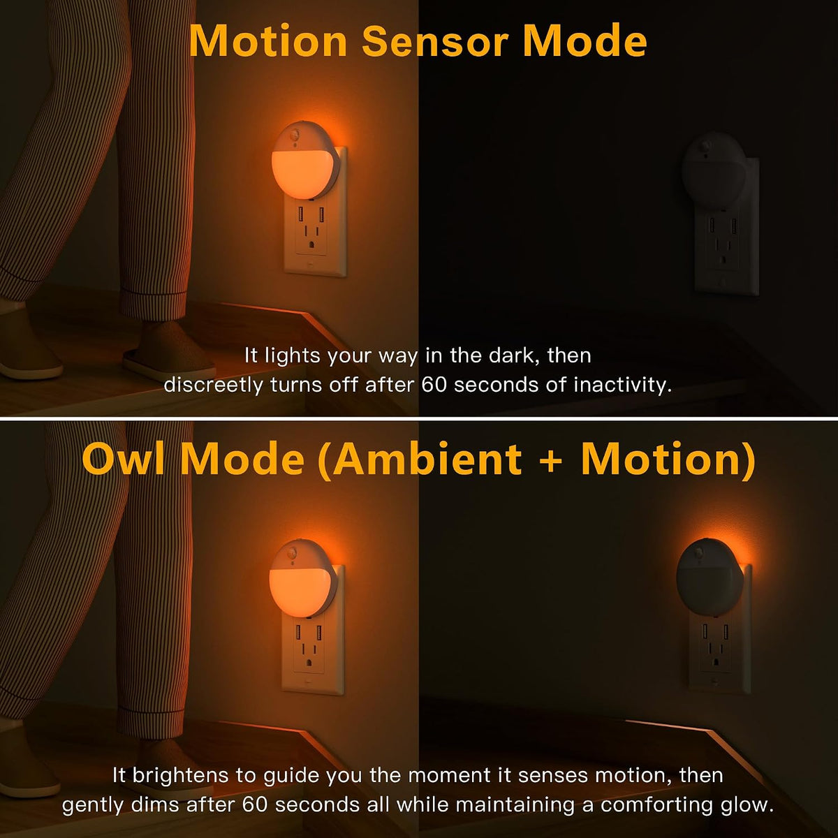YUNLEX Amber Motion Sensor Night Lights Plug into Wall, 2 Pack