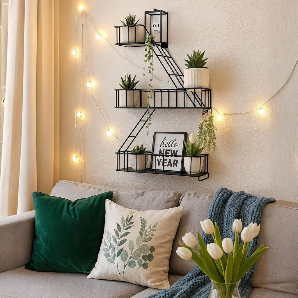 Fire Escape Shelf, Black Metal Decorative Floating Ladder Shelf, 2.5-Tier