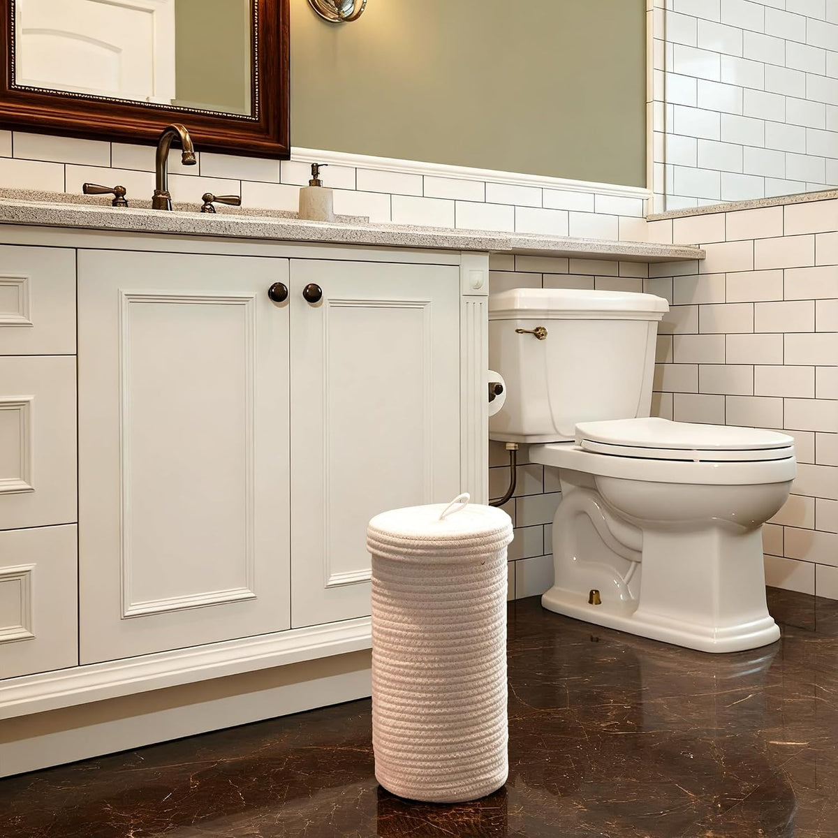 Toilet Paper Holder Handmade – Woven Cotton Toilet Paper Stand & Storage Basket with Lid, Freestanding Organizer for Bathroom, Fits 3 Mega Rolls Gradient Brown 14'' x 7''
