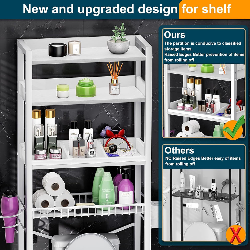 Over The Toilet Storage Cabinet,4 Tier Bathroom Organizer and Storage With Adjustable Shelf Waterproof Feet Pad and Basket Multifunctional Space Saver Freestanding Bathroom Shelves With Dividers White